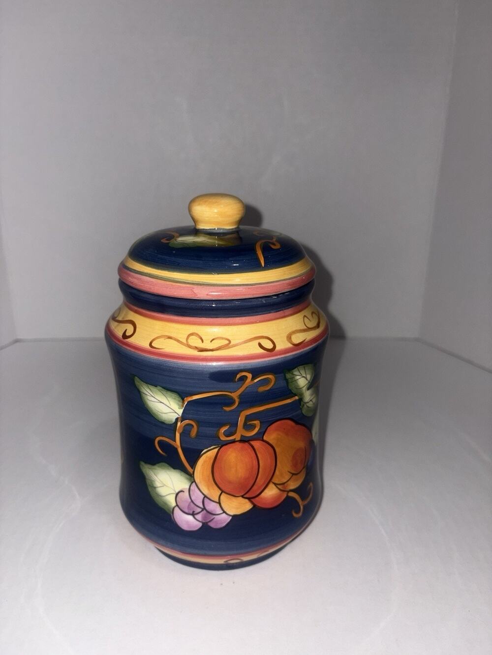 Vintage Hand Painted Ceramic Kitchen Canister With Vibrant Fruit Design